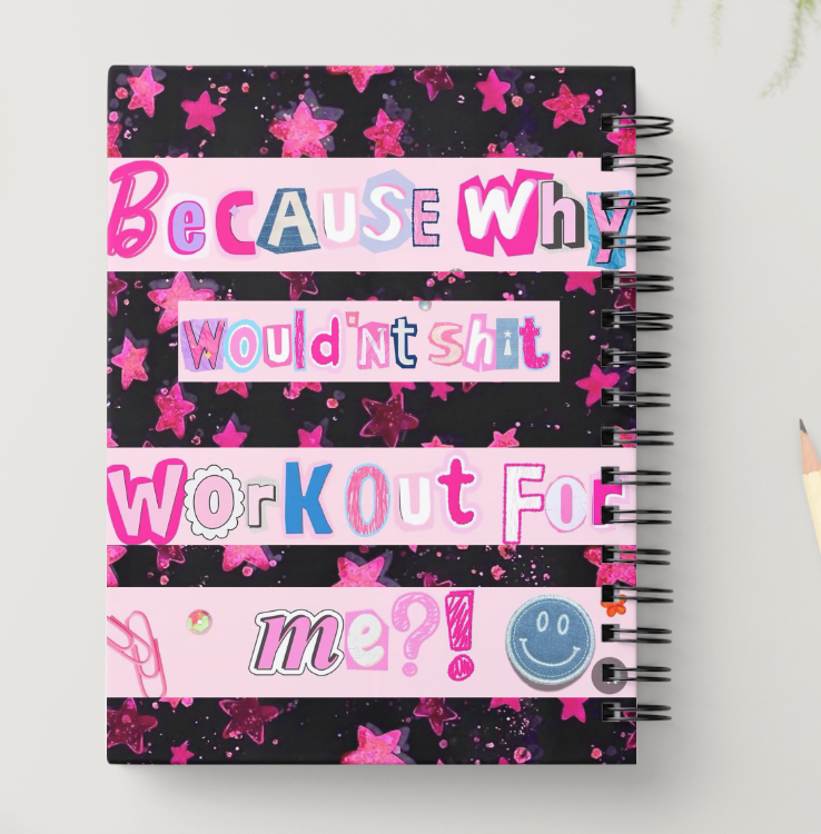 Notebook with colorful text and star pattern on a white background